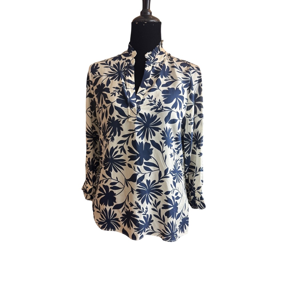 Caballero Blue White Floral Ruffle Blouse Sz Small